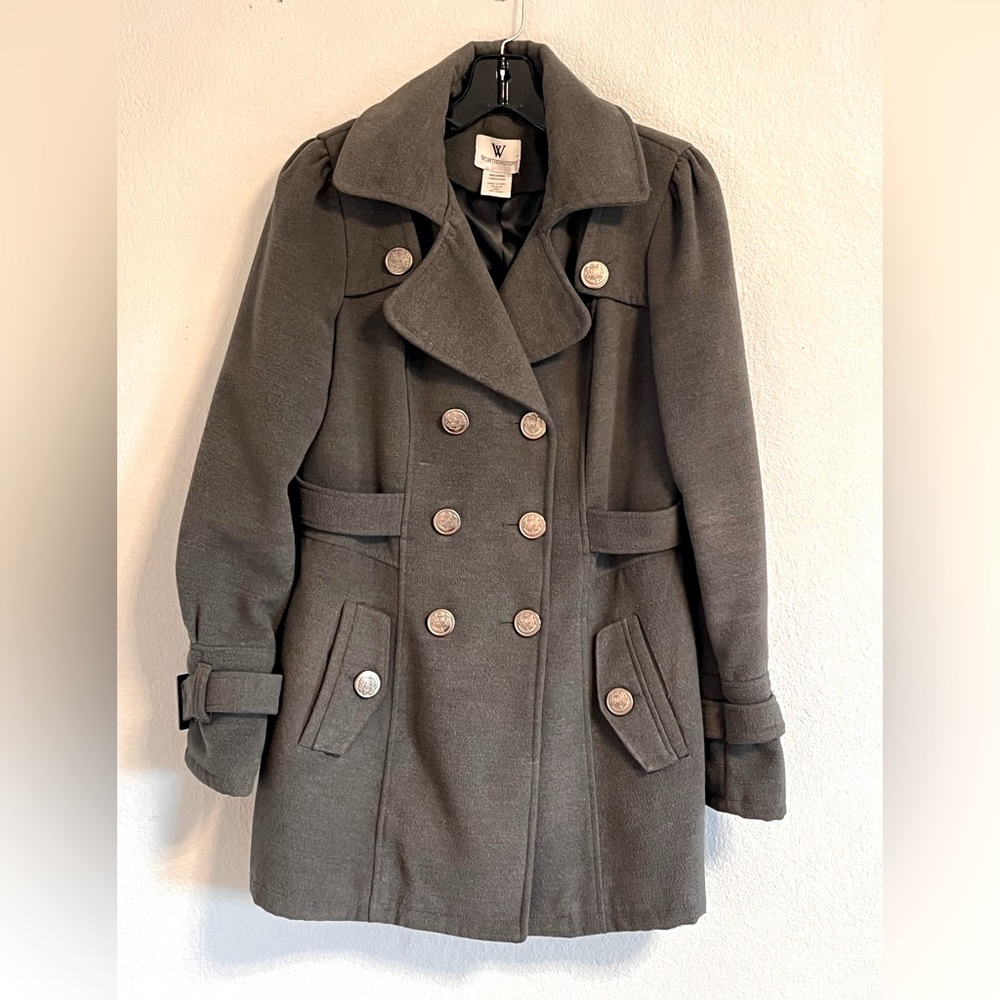 Grey double breasted pea coat.